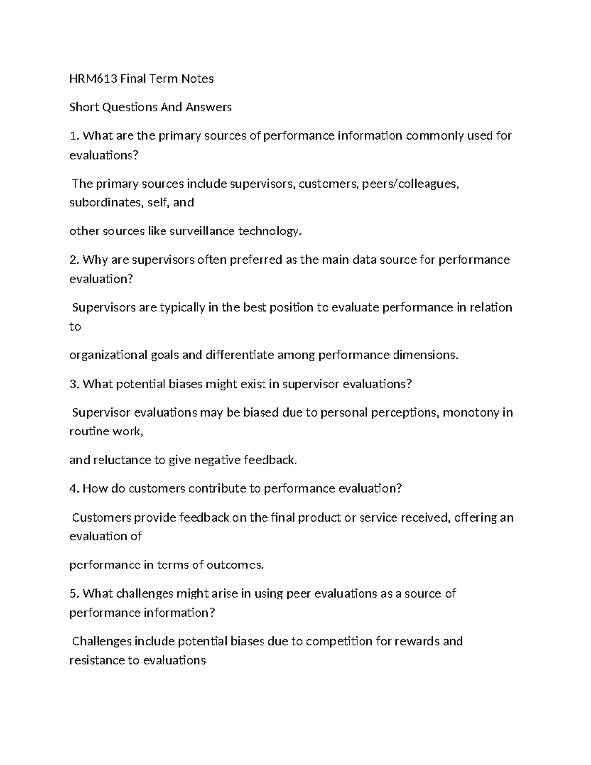 HRM613 Final Term Notes: Key Concepts in Performance Evaluation - Studocu