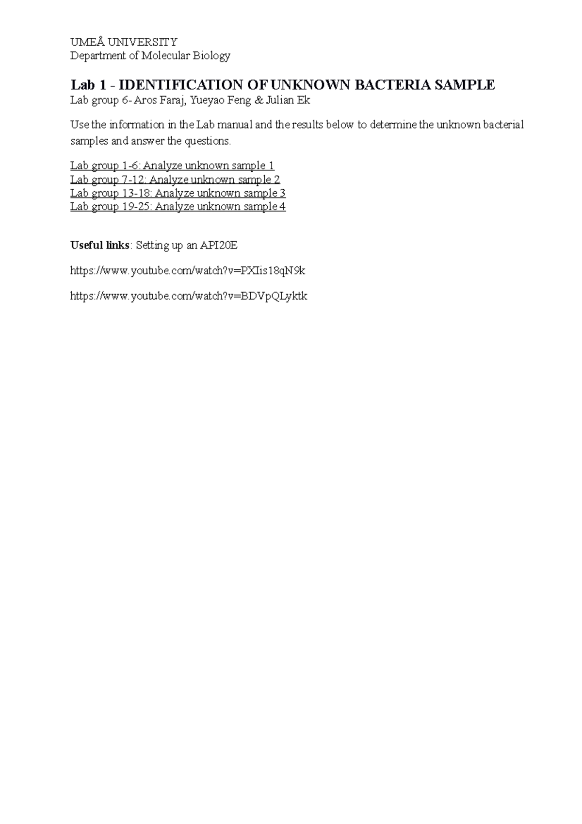 Lab 1 - Results and Analysis of Unknown Bacterial Samples (MBio 101 ...