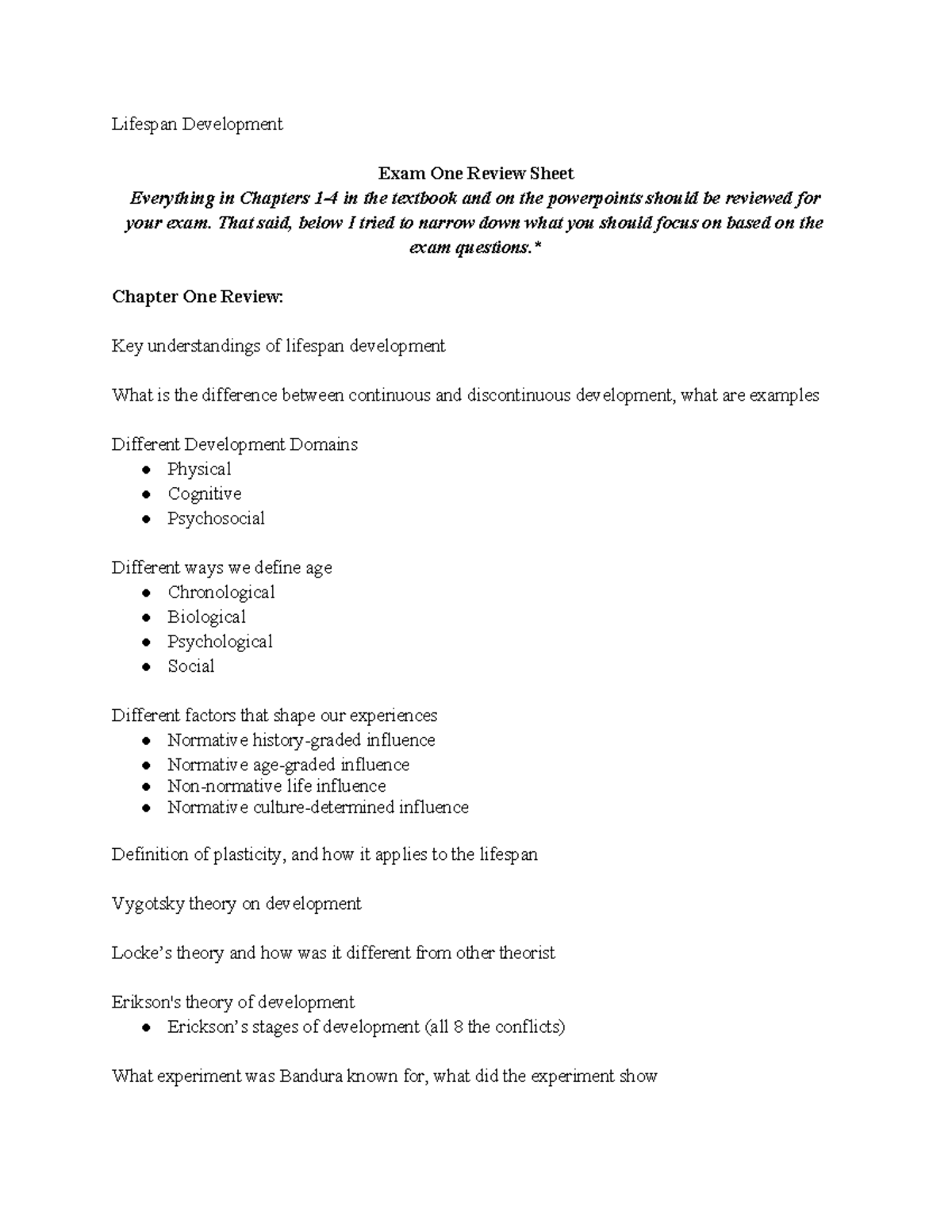 Lifespan Development Exam 1 Review: Key Concepts from Chapters 1-4 ...