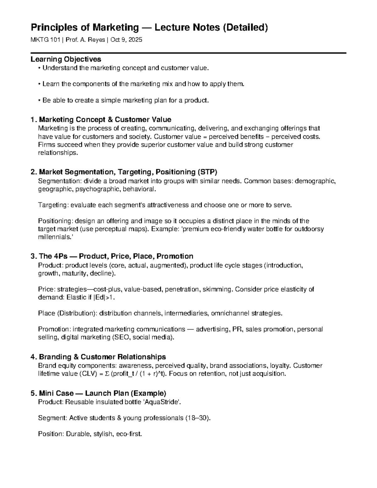 Principles of Marketing Lecture Notes MKTG 101 Prof. A. Reyes - Studocu
