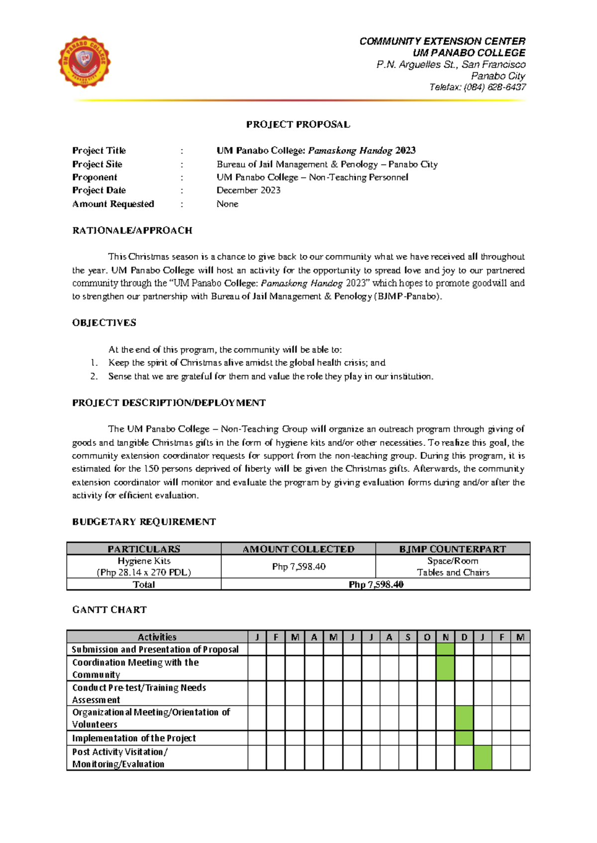 Sample Only - COMMUNITY EXTENSION CENTER UM PANABO COLLEGE P. Arguelles ...