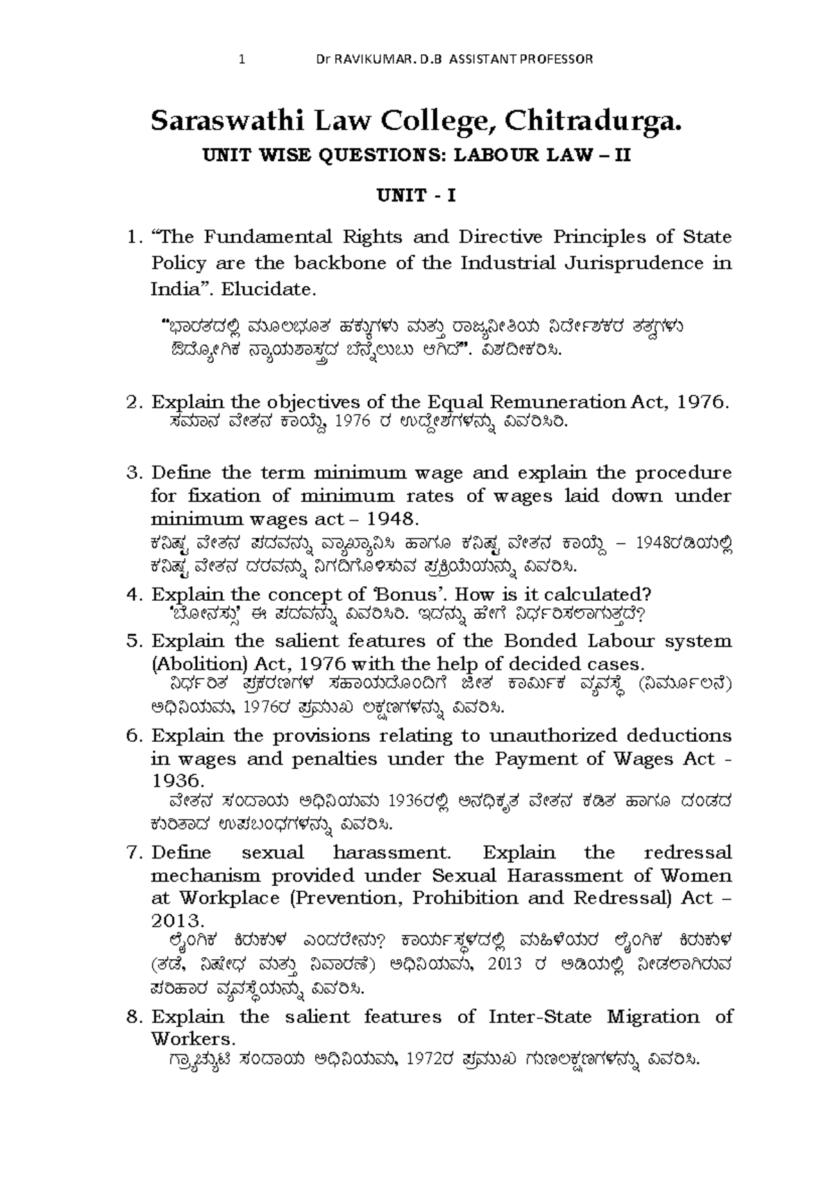 Labour Law II - Unit Wise Questions and Key Concepts - Studocu