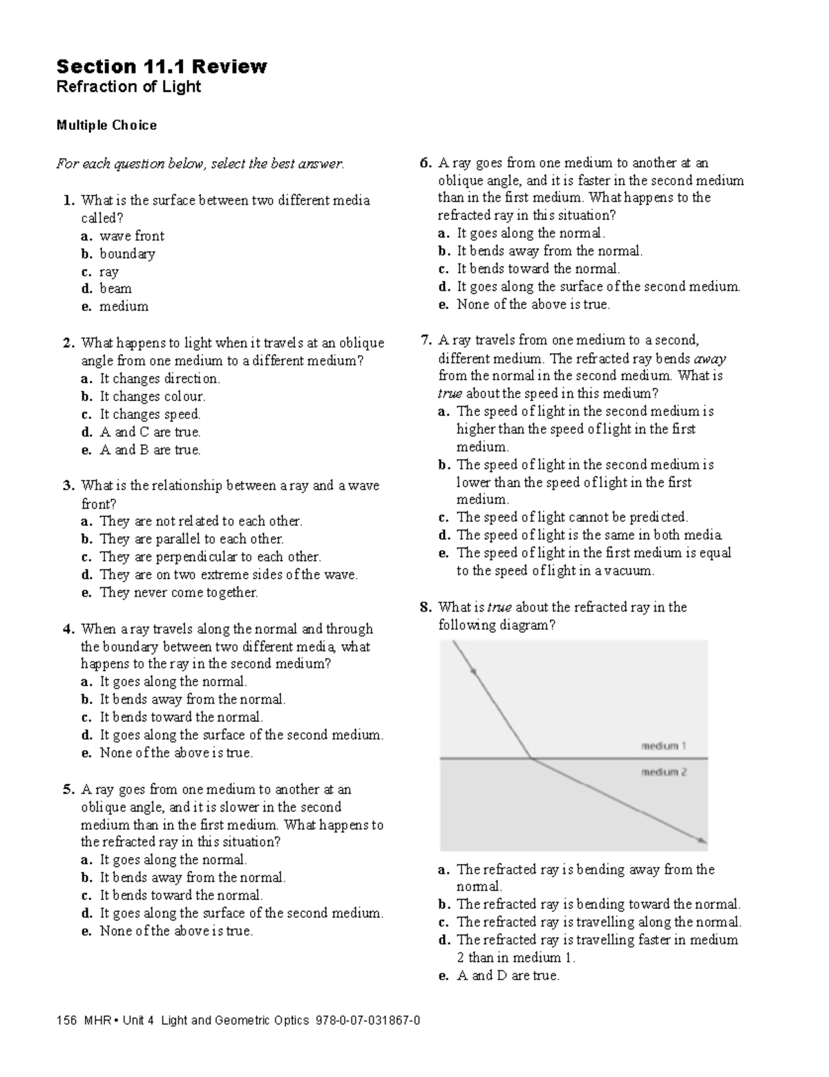 Chapter 11 Review: Refraction Concepts and MC Questions - Studocu