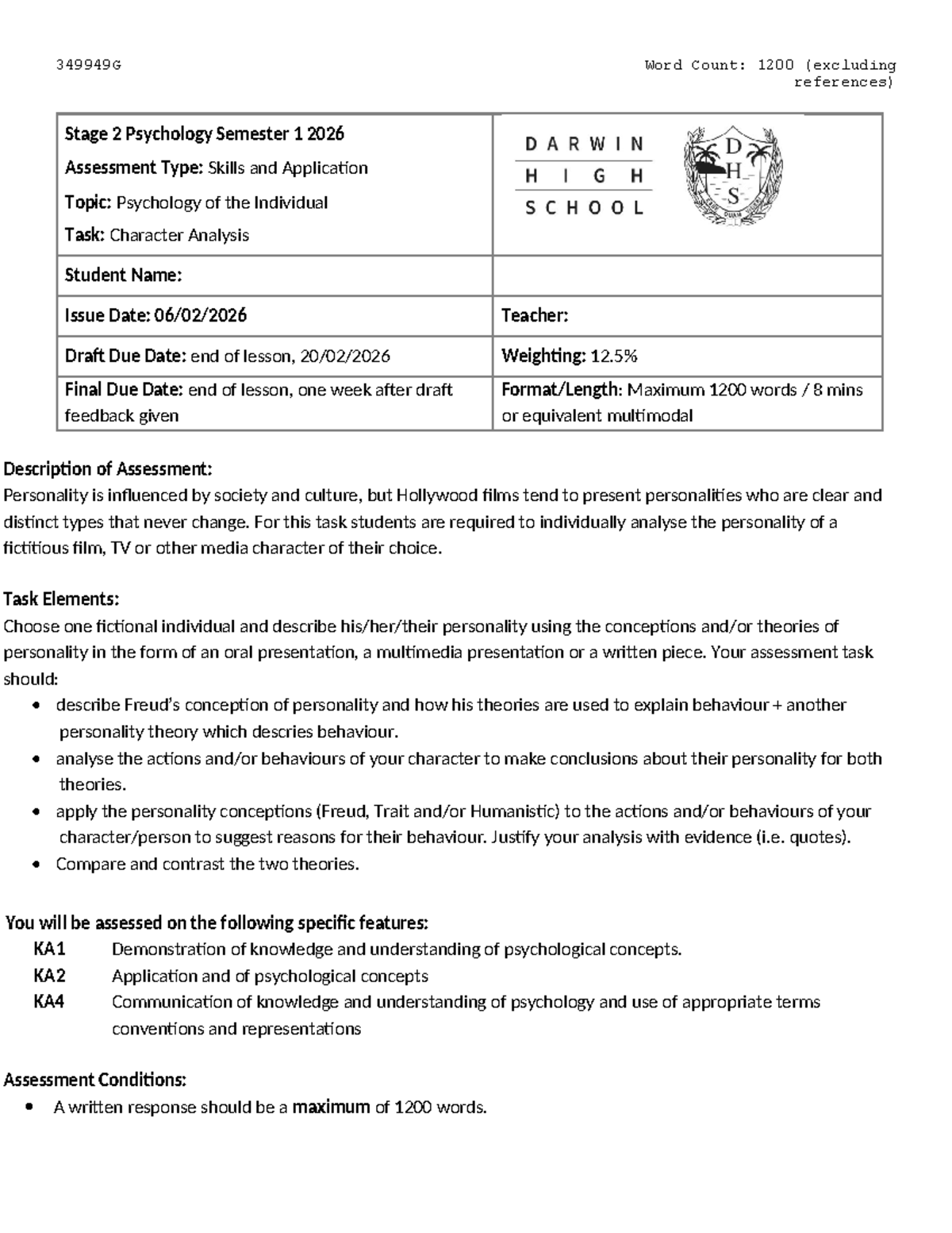 349949G - 2PSG20 - Final Assessment: Character Analysis in Psychology ...