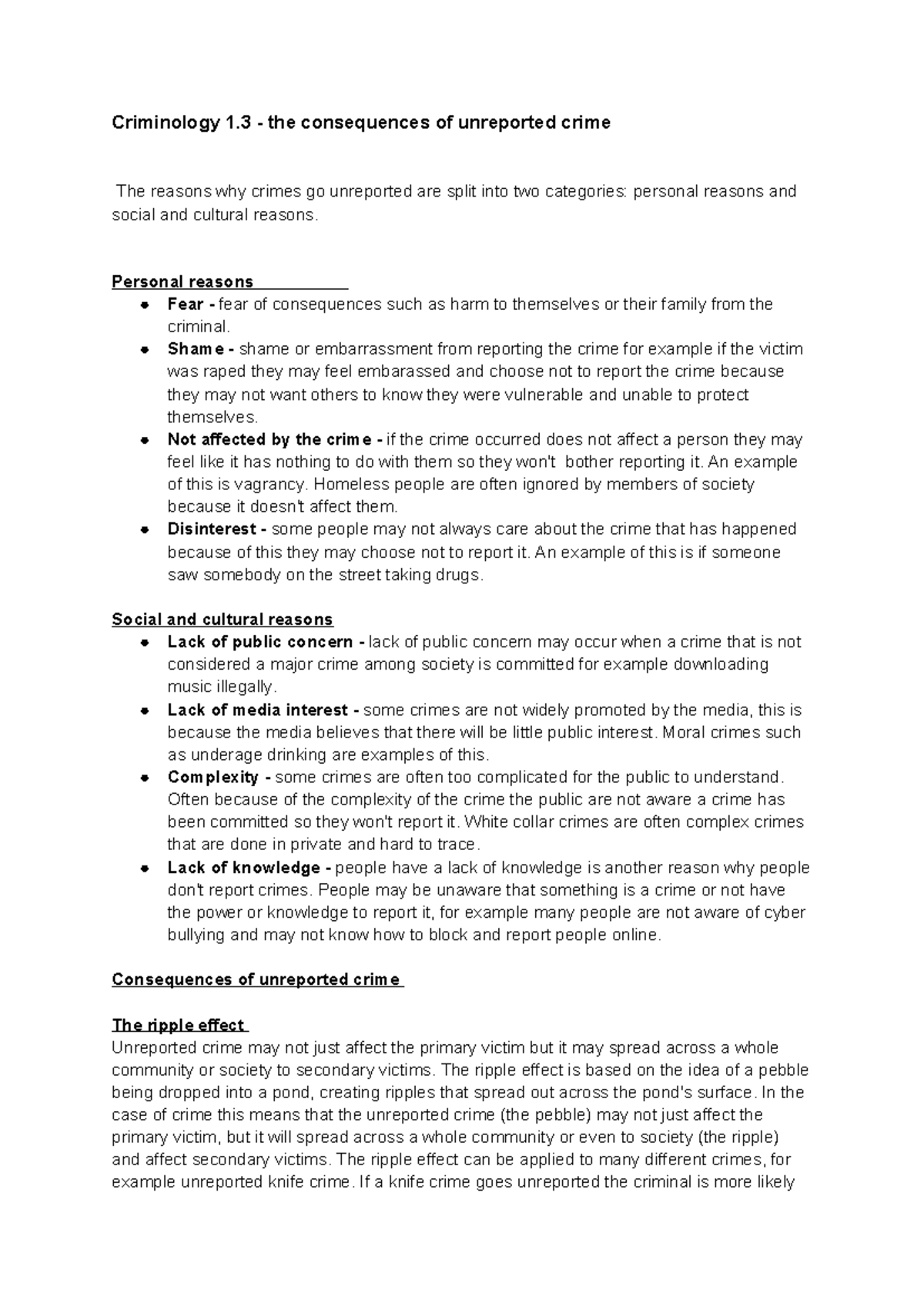 Criminology 1.3: Unreported Crime and Its Consequences - Studocu