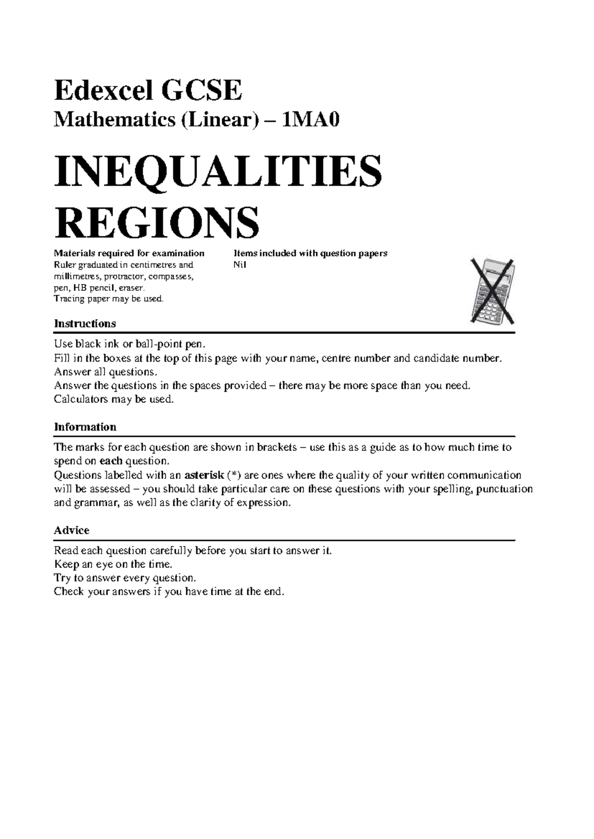 Edexcel GCSE Maths 1MA0 Final Exam: Inequalities Regions Guide - Studocu