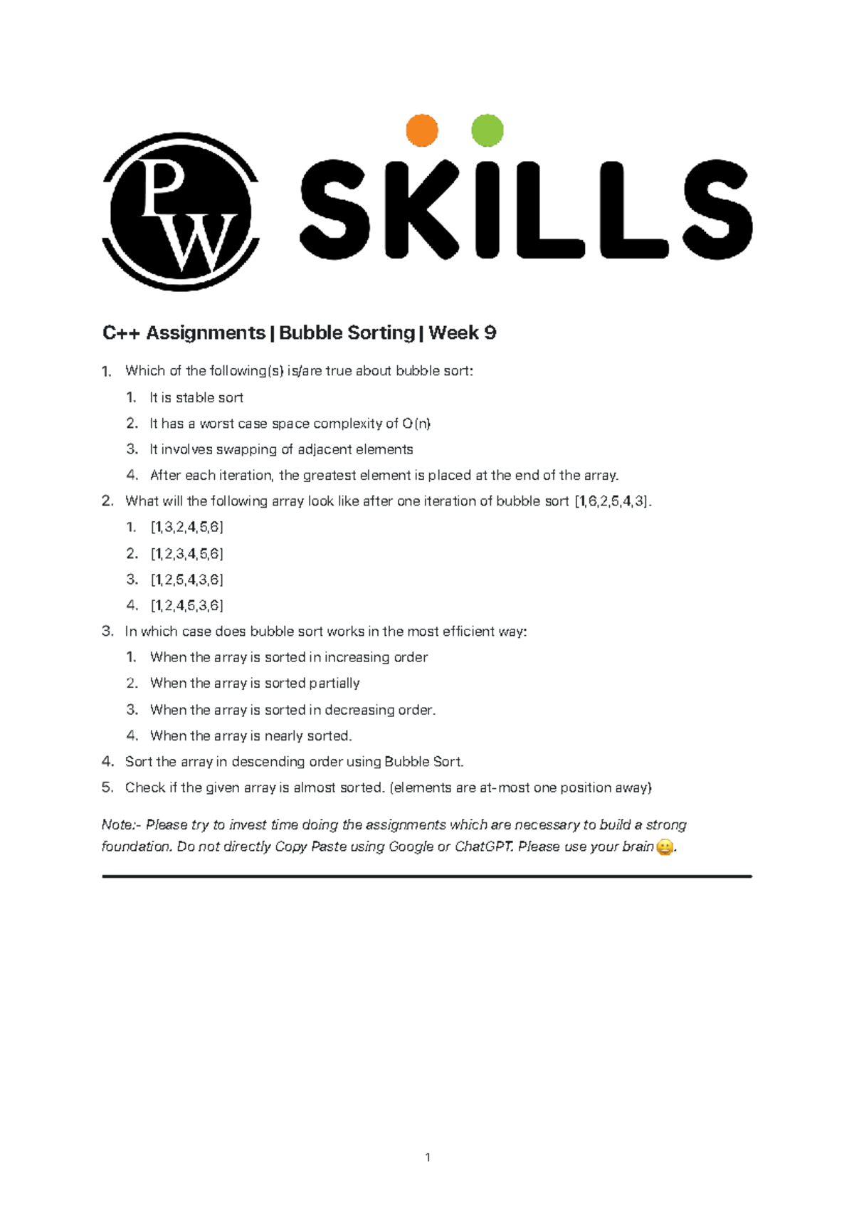 Sorting Assignment 01: Bubble Sort Concepts & Applications DSA C 2 ...