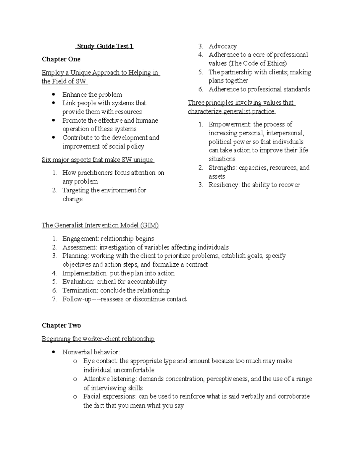 SW 101 Study Guide: Test 1 - Understanding Generalist Practice - Studocu