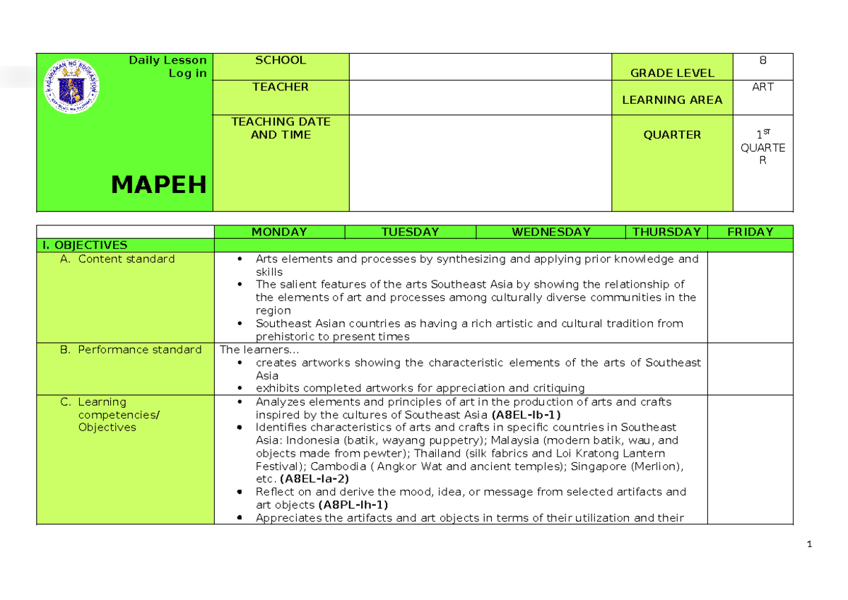 477467976 Q1 Grade 8 ARTS DLL Week 1 - Daily Lesson Log in MAPEH SCHOOL ...