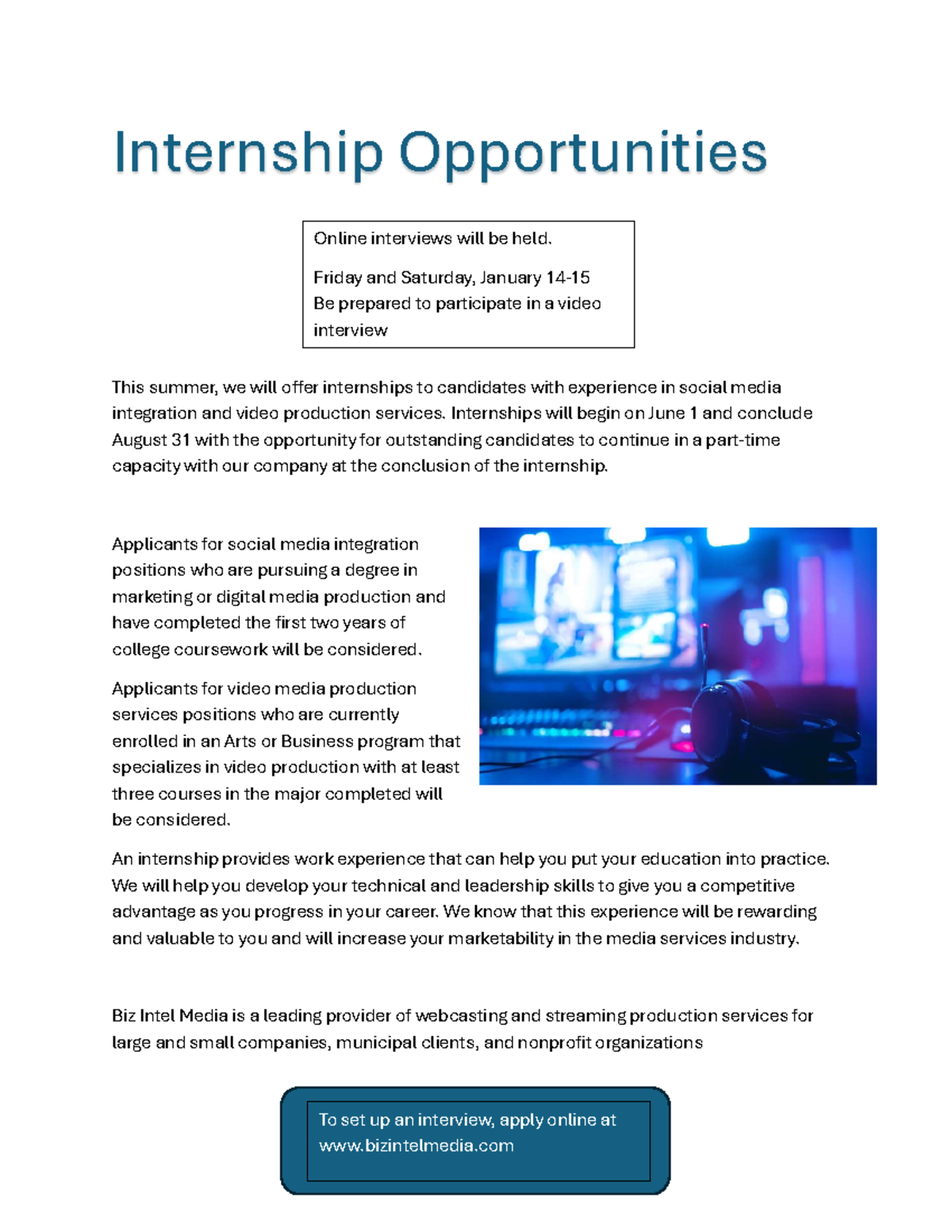 Internship opportunities - Internship Opportunities This summer, we ...