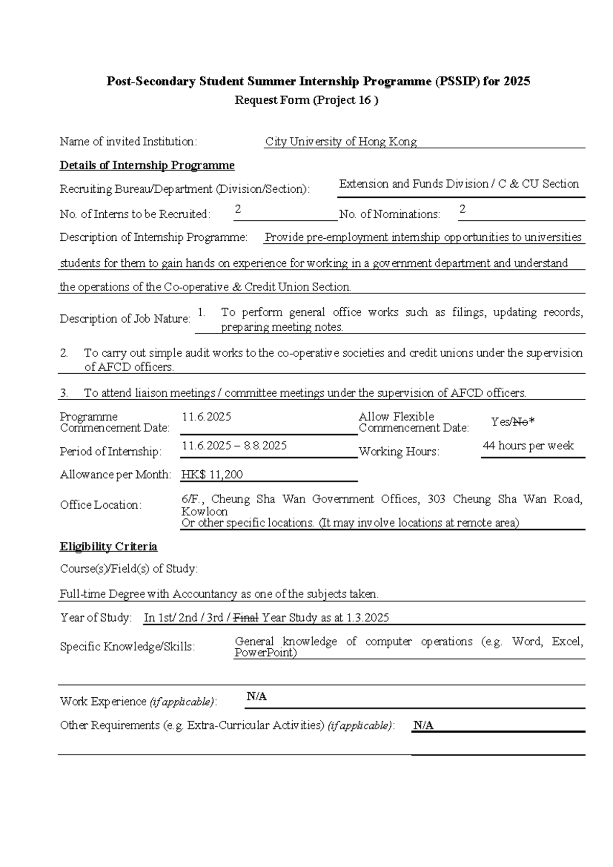 2025 PSSIP Student Internship Programme Request Form - Project 16 - Studocu