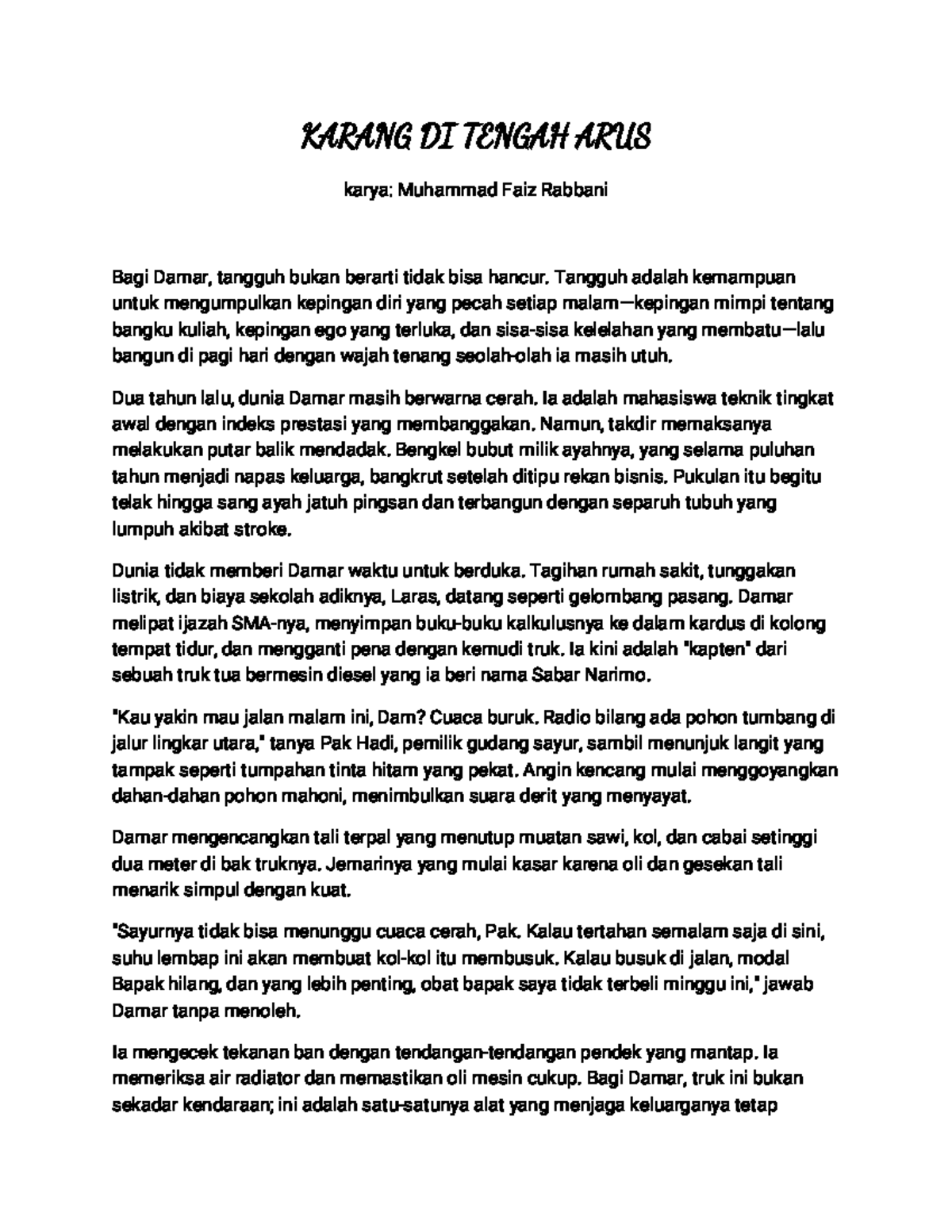 Cerpen Faiz Rabbani: Tangguh di Tengah Arus Kehidupan - Studocu