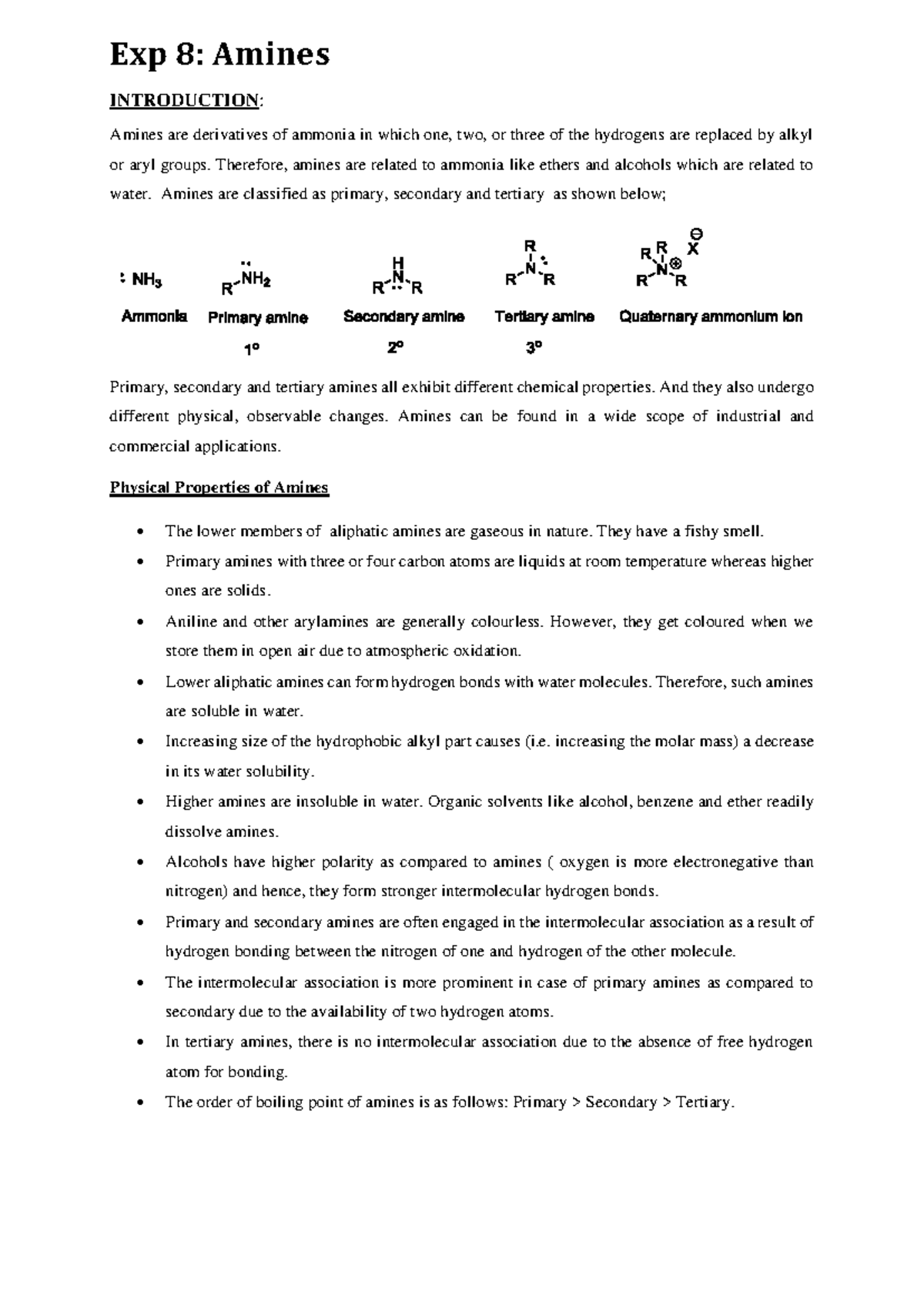 EXP8 - Amines - Physical Properties & Reactions Notes - Studocu