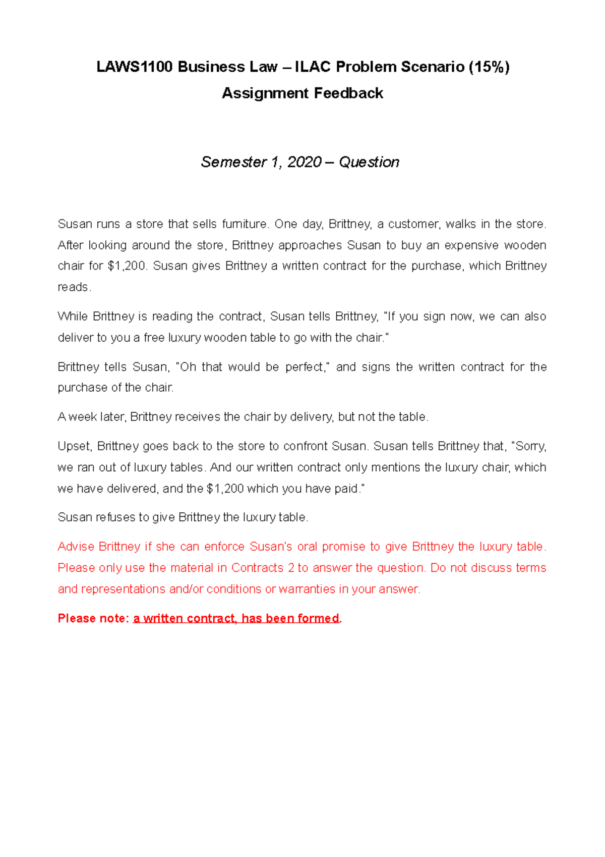 LAWS1100 Business Law ILAC Problem Scenario (15%) – General Feedback ...