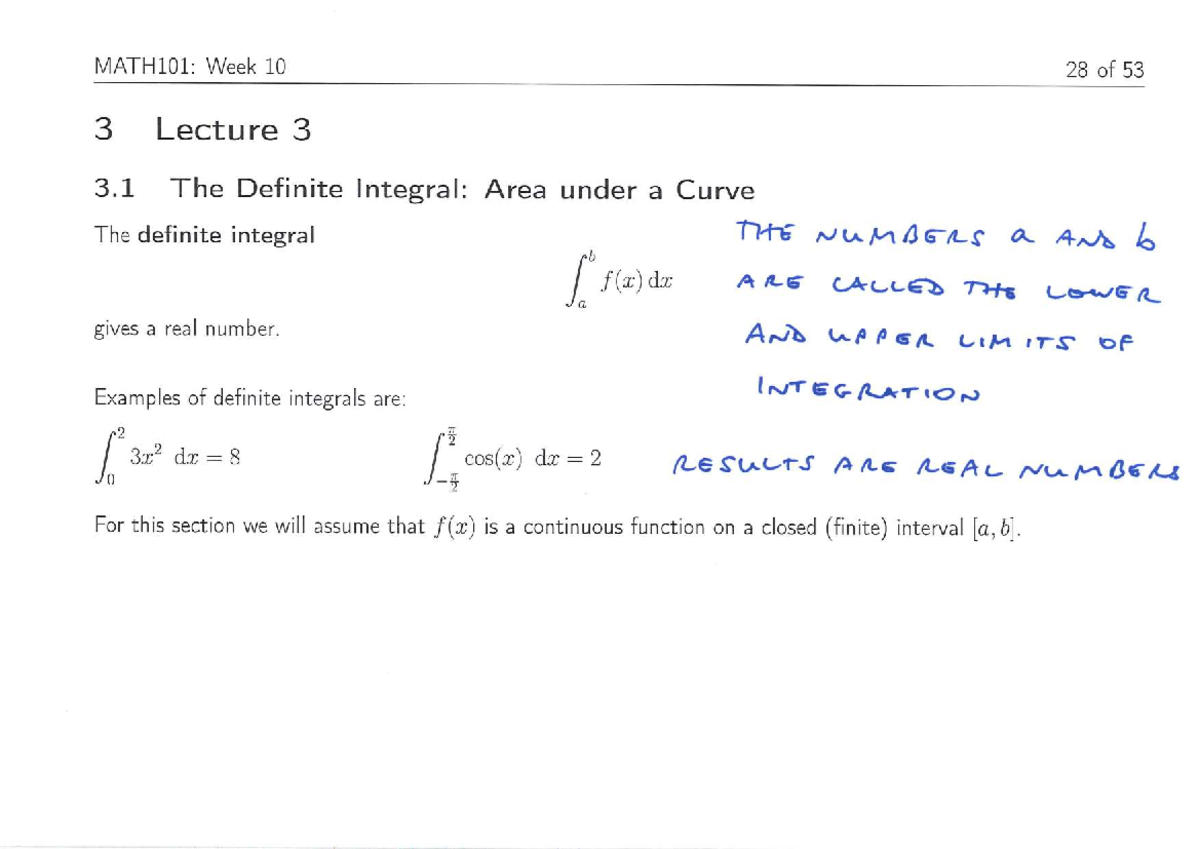 MATH101: Week 10 Lecture 3 - The Definite Integral Explained - Studocu
