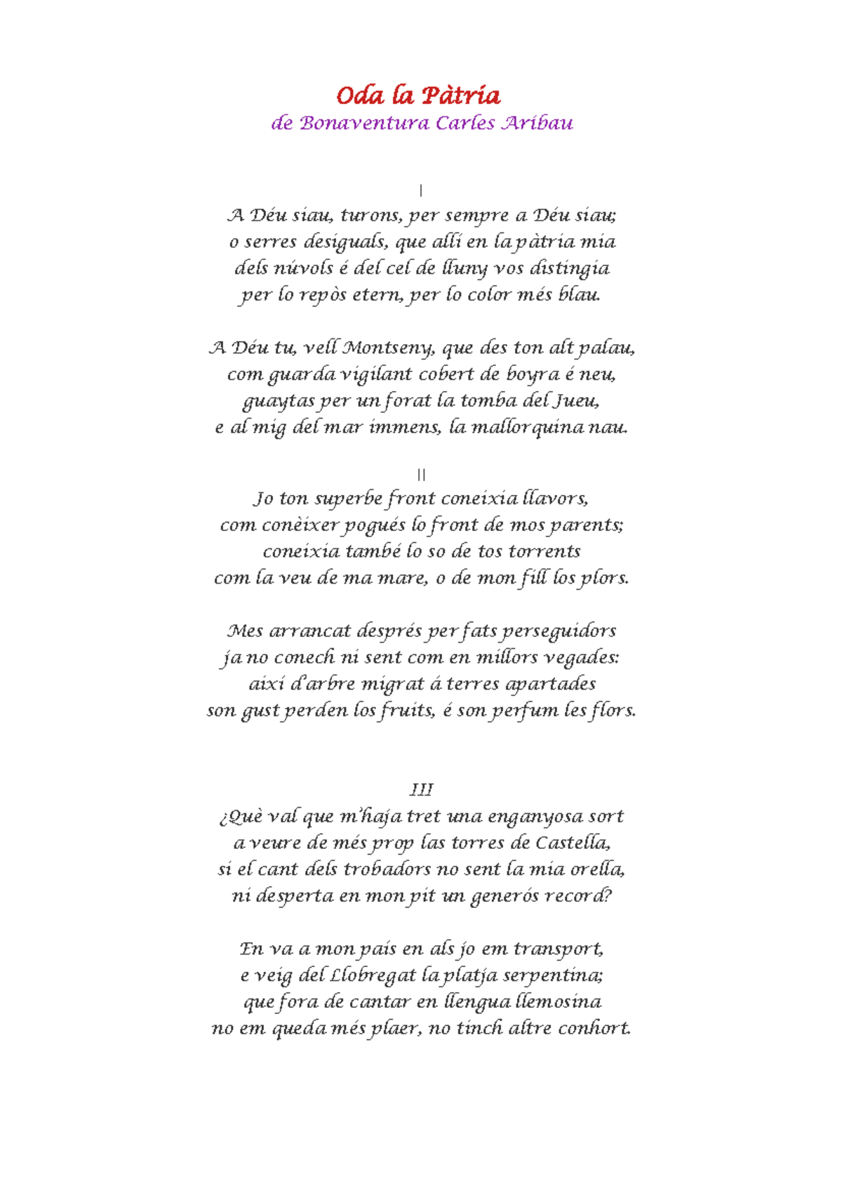 Oda a la Pàtria - oda a la patria - Oda la Pàtria de Bonaventura Carles ...