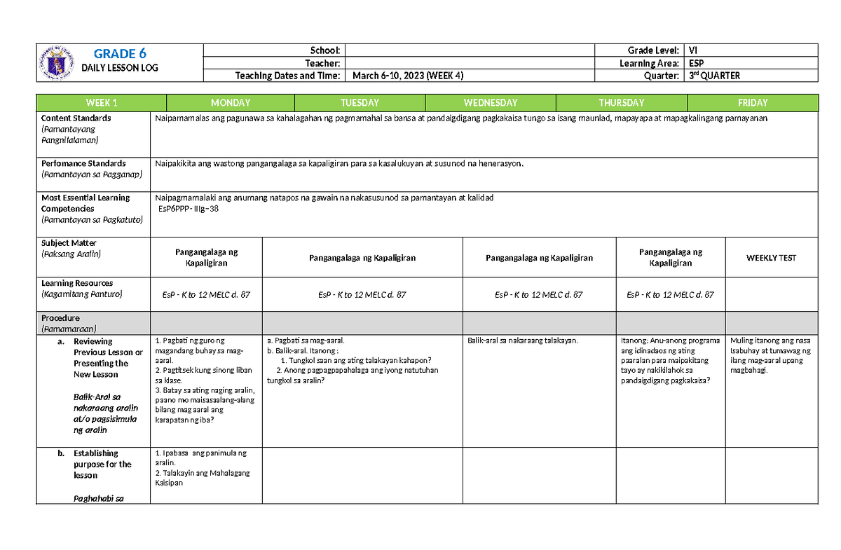 DLL ESP6 WEEK 4: Daily Lesson Log for Grade 6 ESP - Studocu