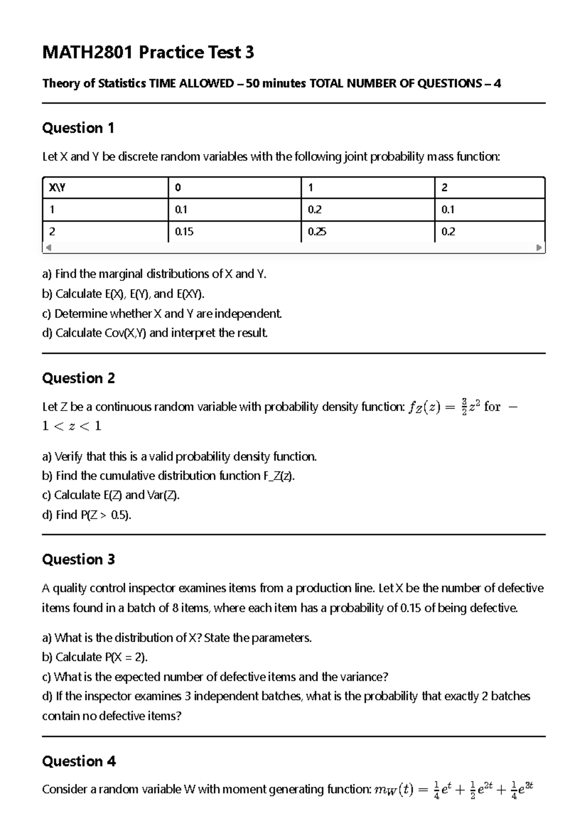 MATH2801 Practice Test 3 Solutions: Theory of Statistics - Studocu