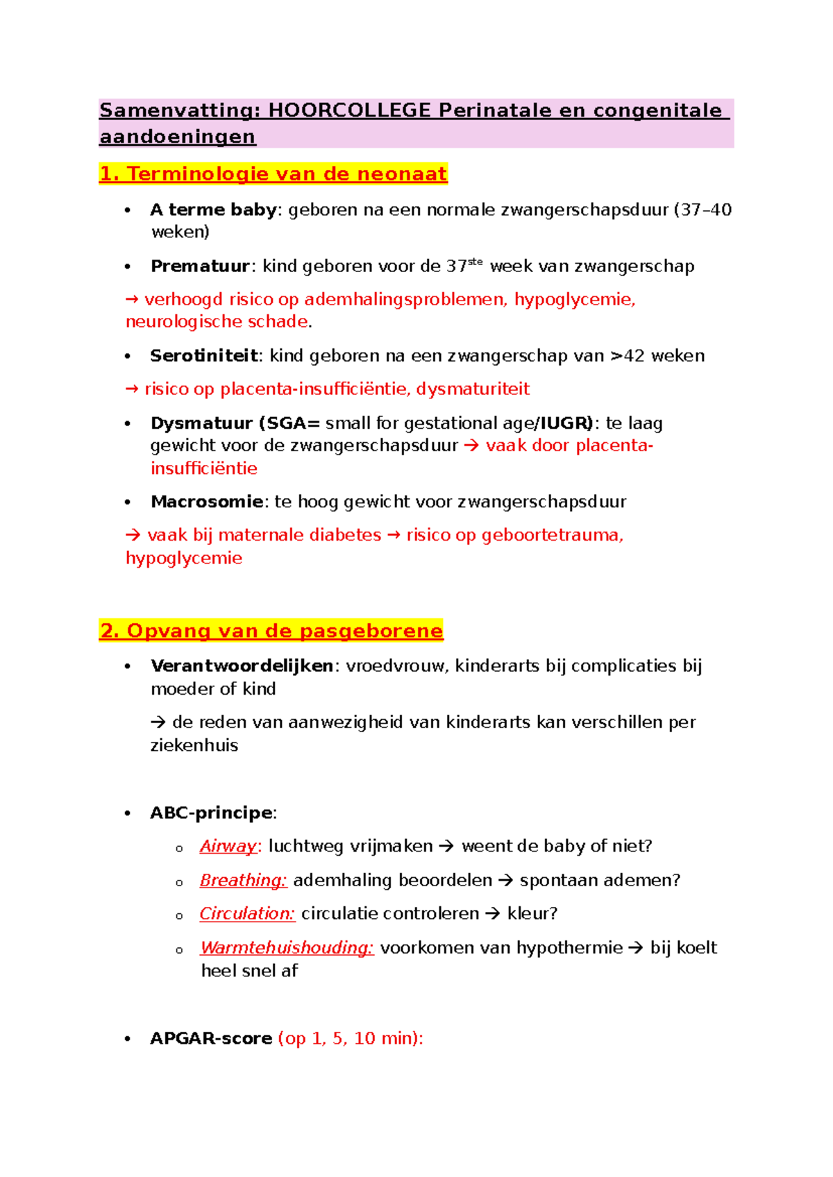 Samenvatting HC 2: Perinatale en Congenitale Aandoeningen - Studocu