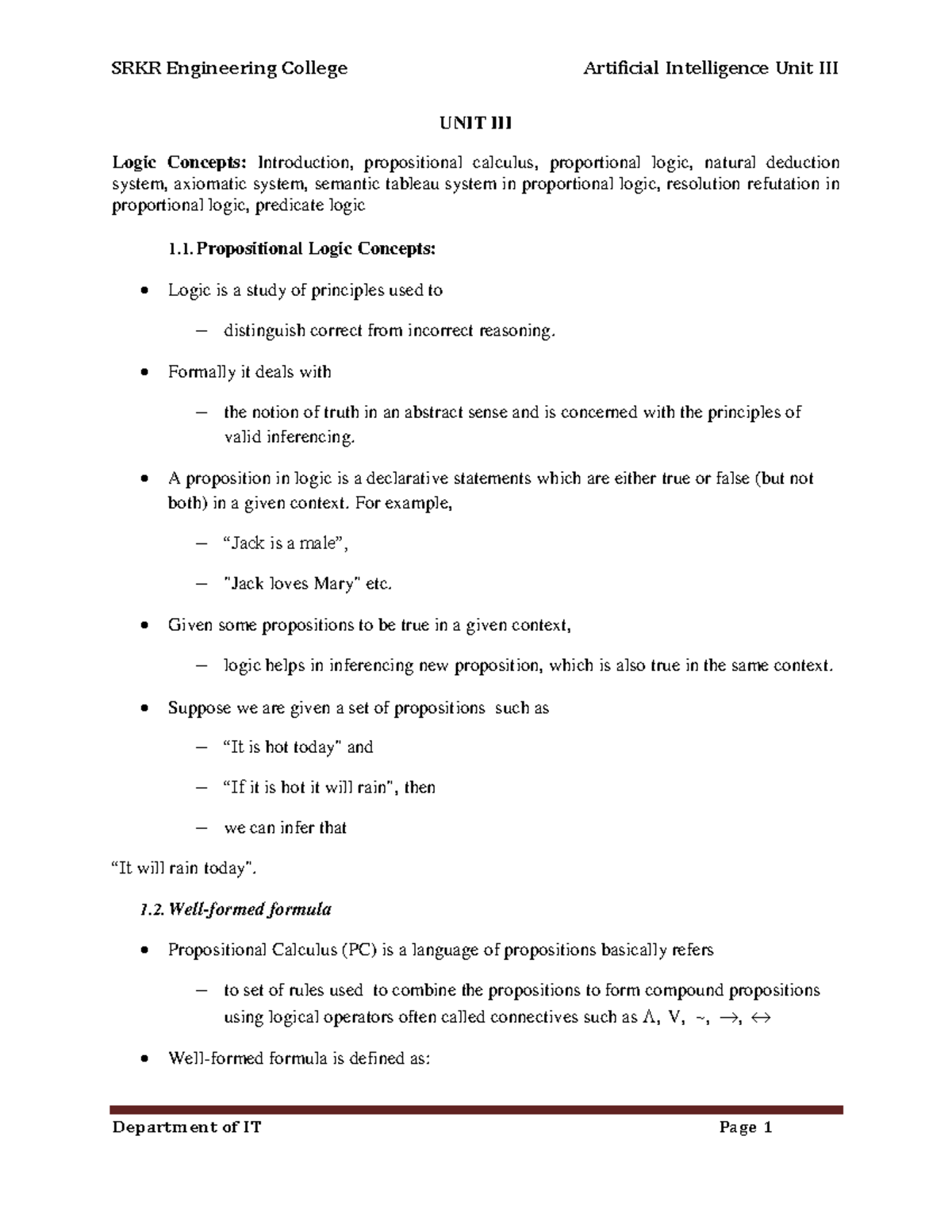 AI UNIT-3 - Comprehensive Notes on Propositional Logic Concepts - Studocu