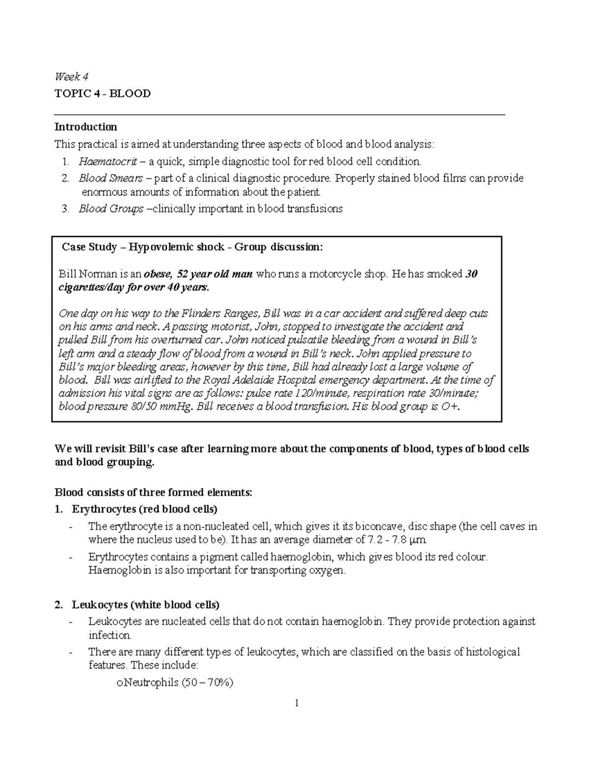 Week 4 BLOOD Worksheet: Understanding Blood Analysis & Case Study - Studocu