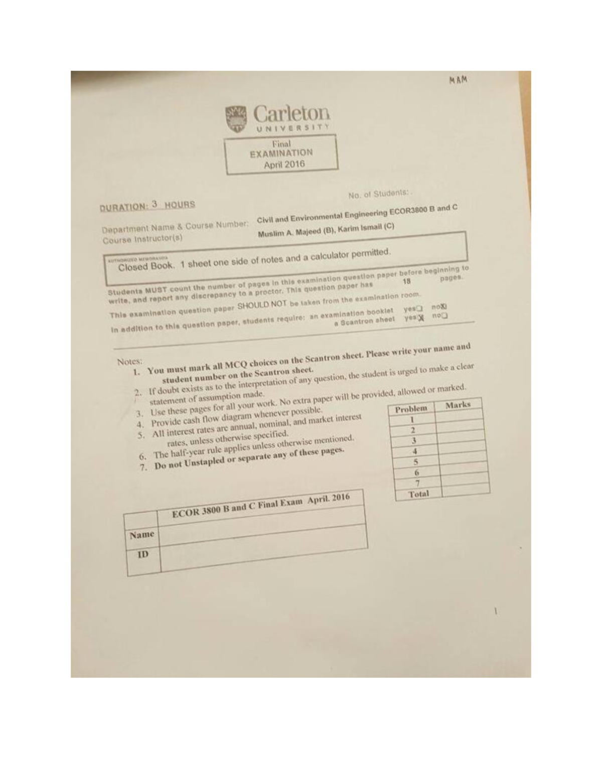 ECOR3800 Civil & Environmental Engineering Final Exam April 2016 - Studocu