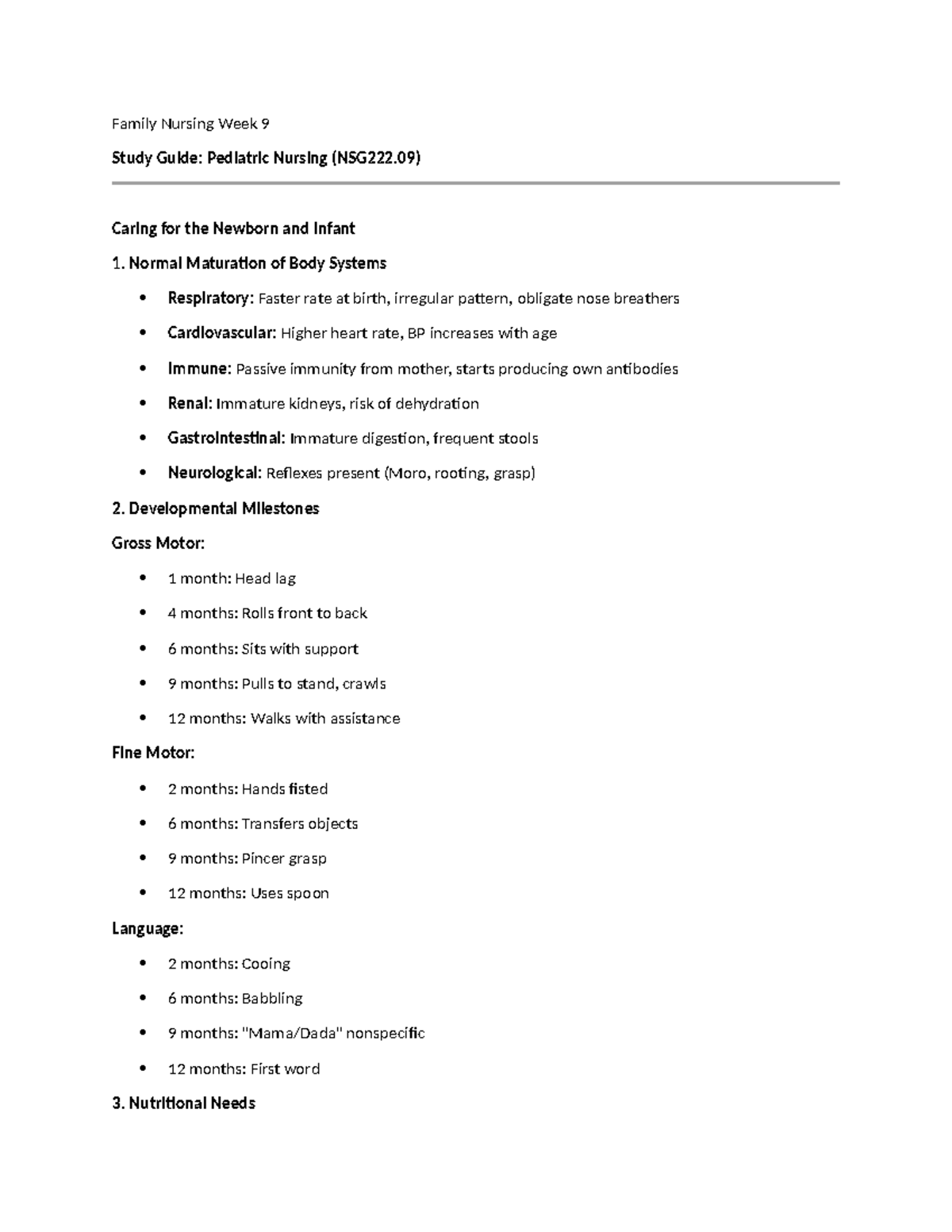 Family Nursing Wk 9 Study Guide: Pediatric Care for Newborns to ...