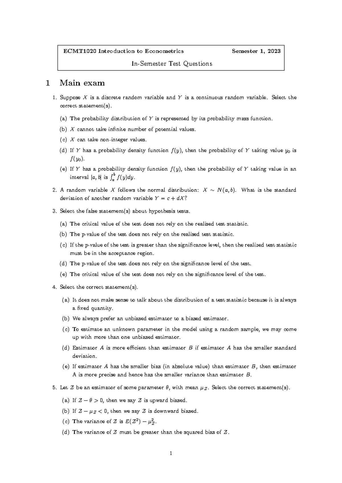 ECMT1020 2023S1 Final Exam Econometrics Test Questions - Studocu