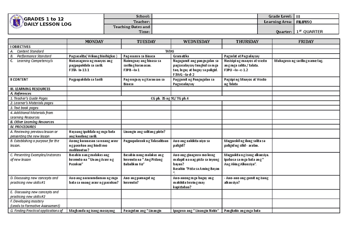DLL Filipino 3 Q1 W1 - for teacher - GRADES 1 to 12 DAILY LESSON LOG ...