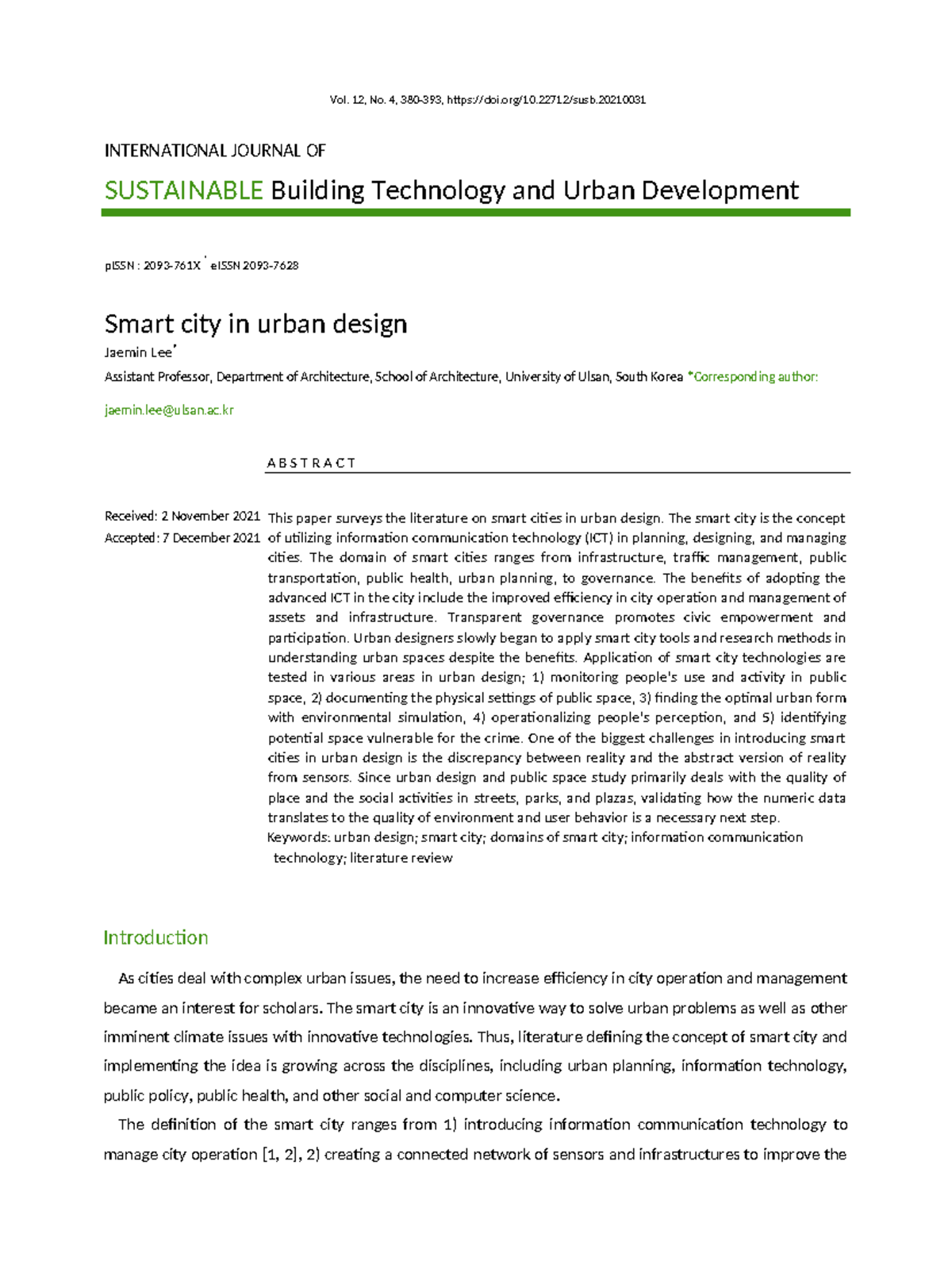 N0300120407 - Smart Cities in Urban Design: A Literature Review - Studocu