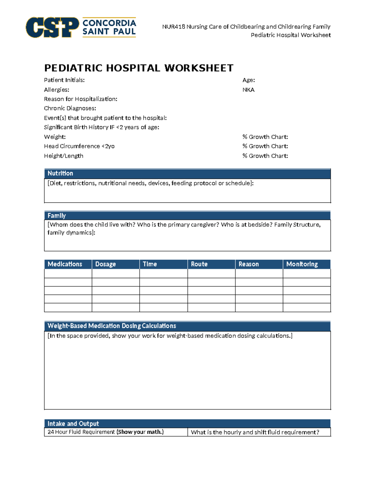 Pediatric Hospital Worksheet - NUR418 Nursing Care of Childbearing and ...