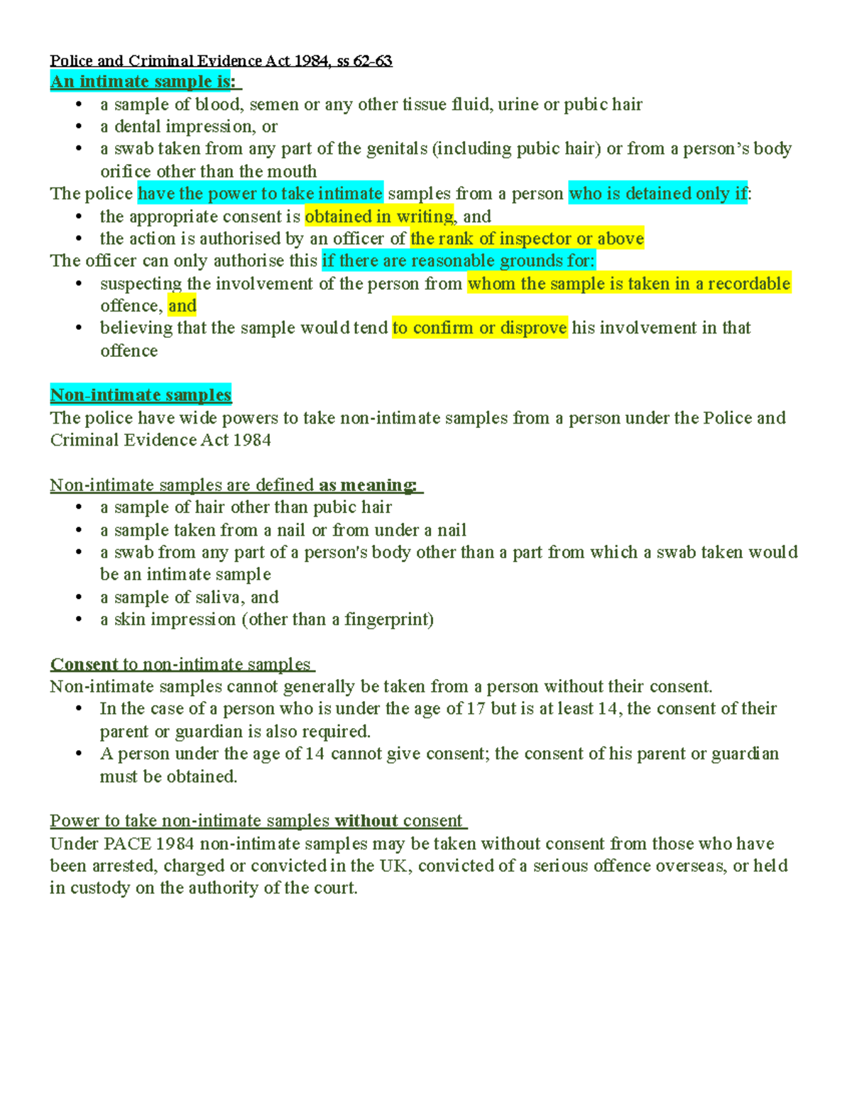 Police and Criminal Evidence Act 1984: Intimate Samples (ss 62-63 ...