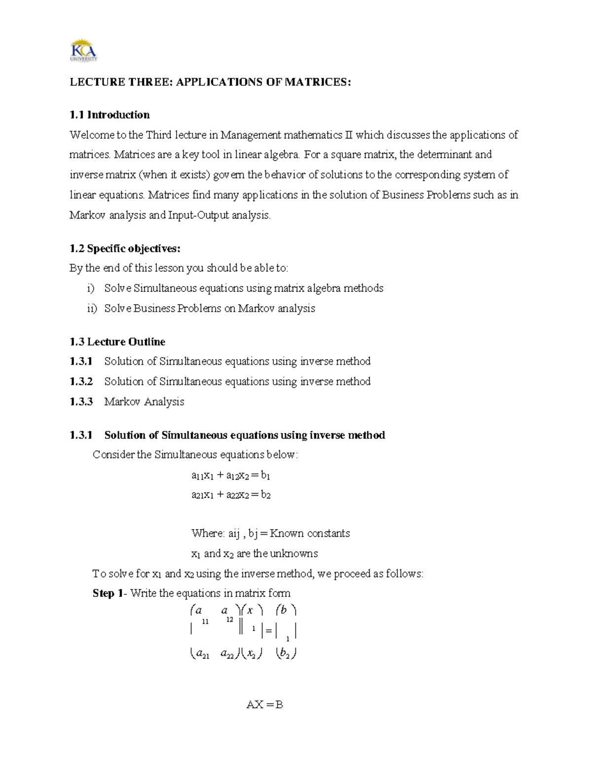Lecture 3 Applications OF Matrices - 12 1 LECTURE THREE: APPLICATIONS ...