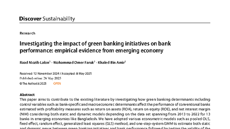 Impact of Green Banking on Bank Performance in Emerging Economies (FIN ...