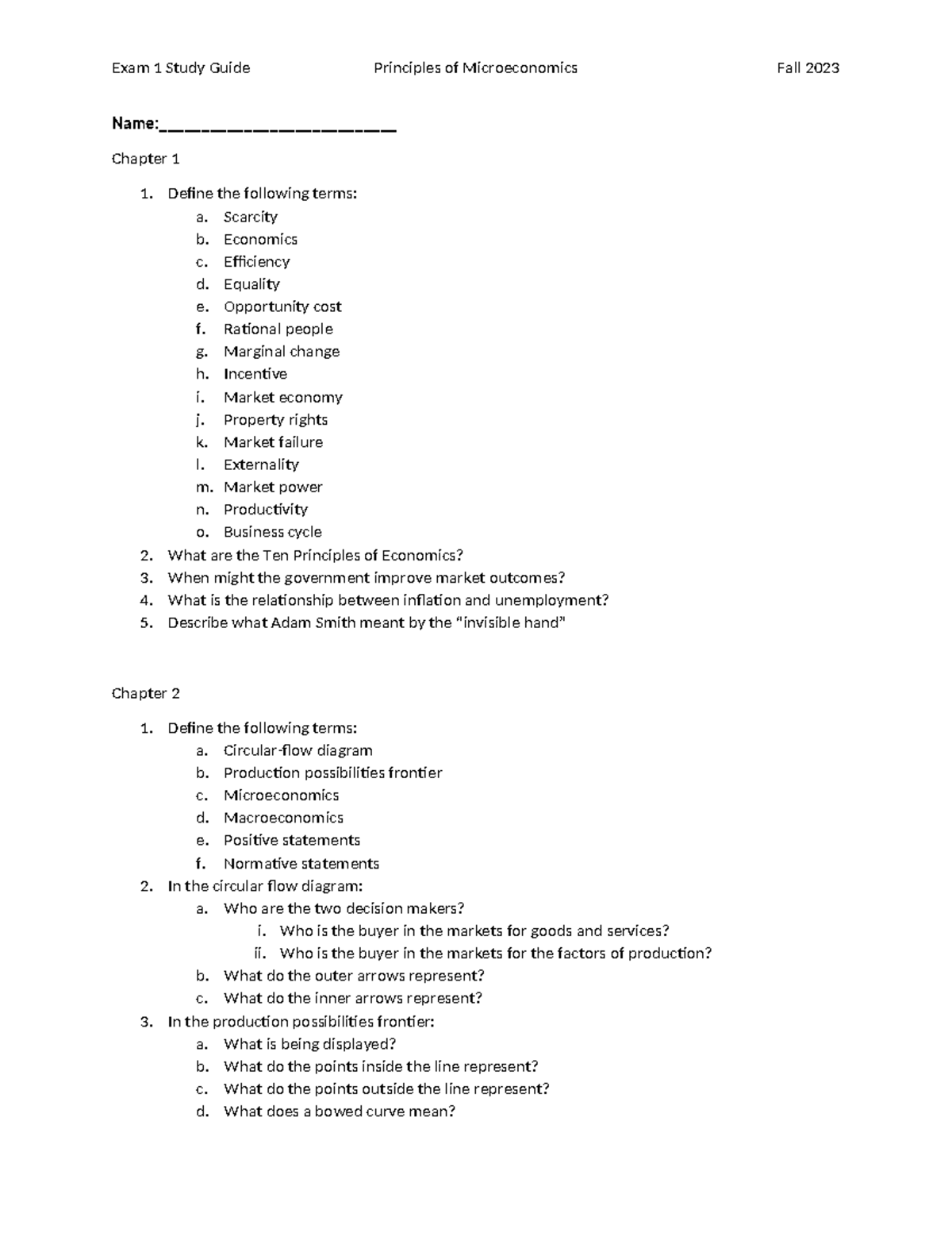 Exam 1 Study Guide: Principles of Microeconomics (Fall 2023) - Studocu