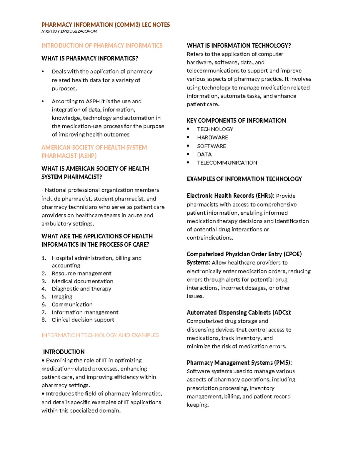 pharmacy informatics Com2 notes - NIKKI JOY ENRIQUEZACOHON INTRODUCTION ...