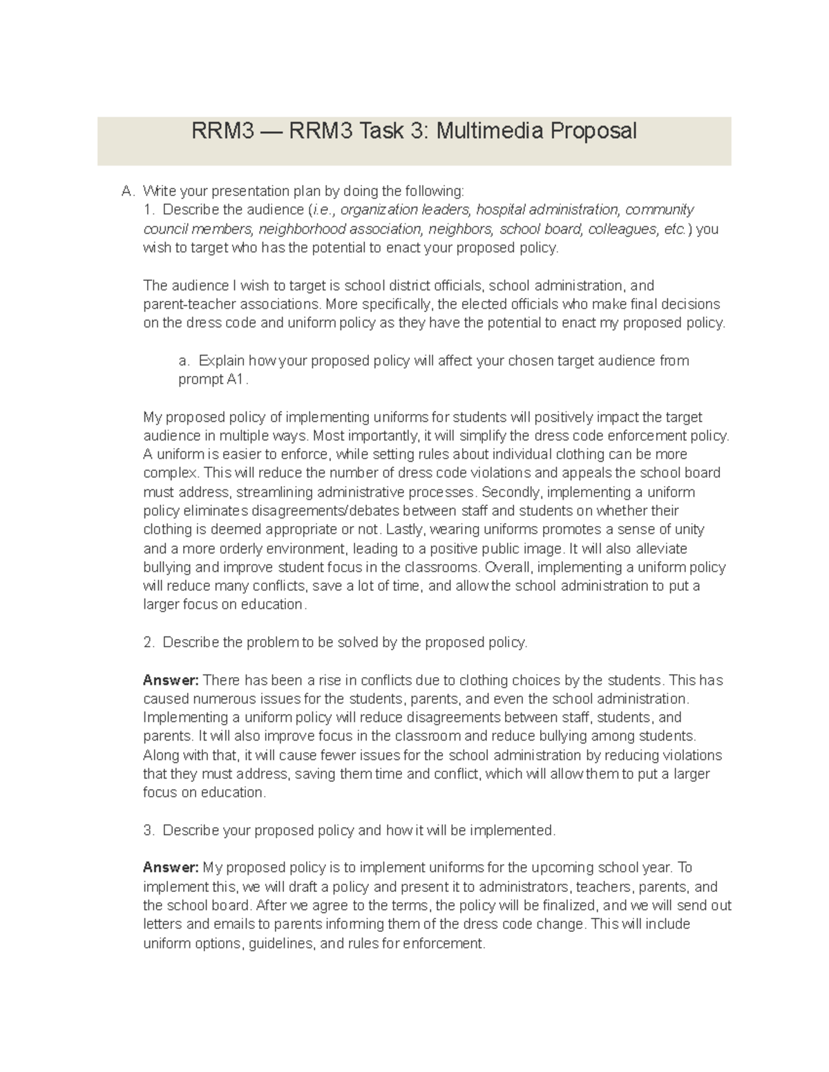 RRM3 Task 3: Multimedia Proposal on Student Uniform Policy - Studocu