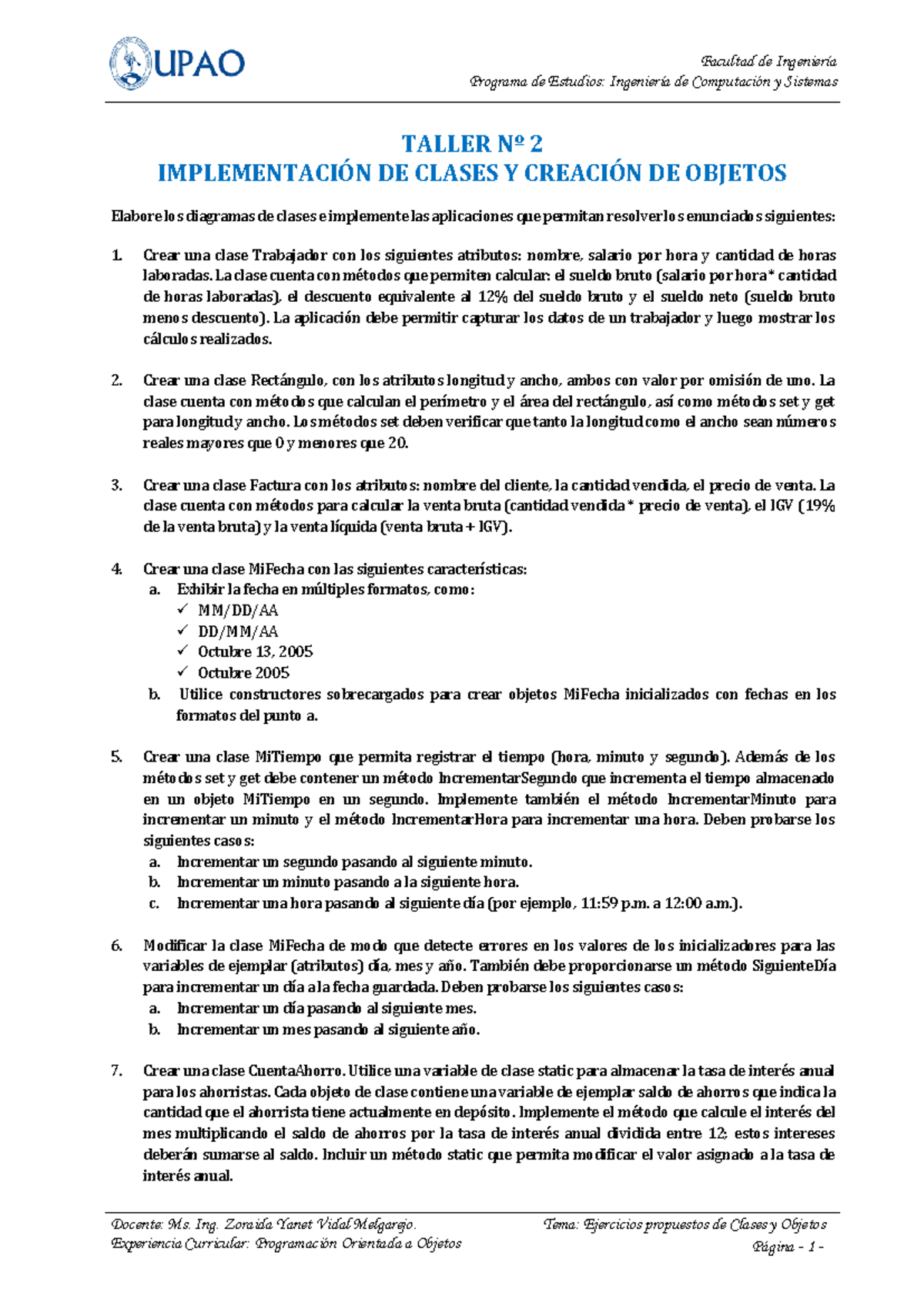 Taller N° 2: Ejercicios sobre Clases y Objetos en Programación ...
