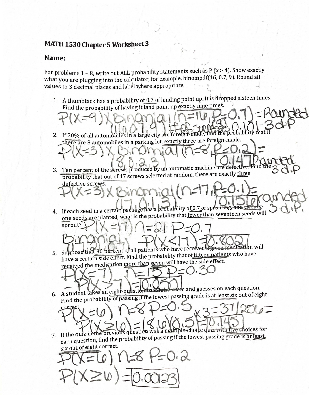 MATH 1530 Chapter 5 Probability Worksheet 3 - Studocu