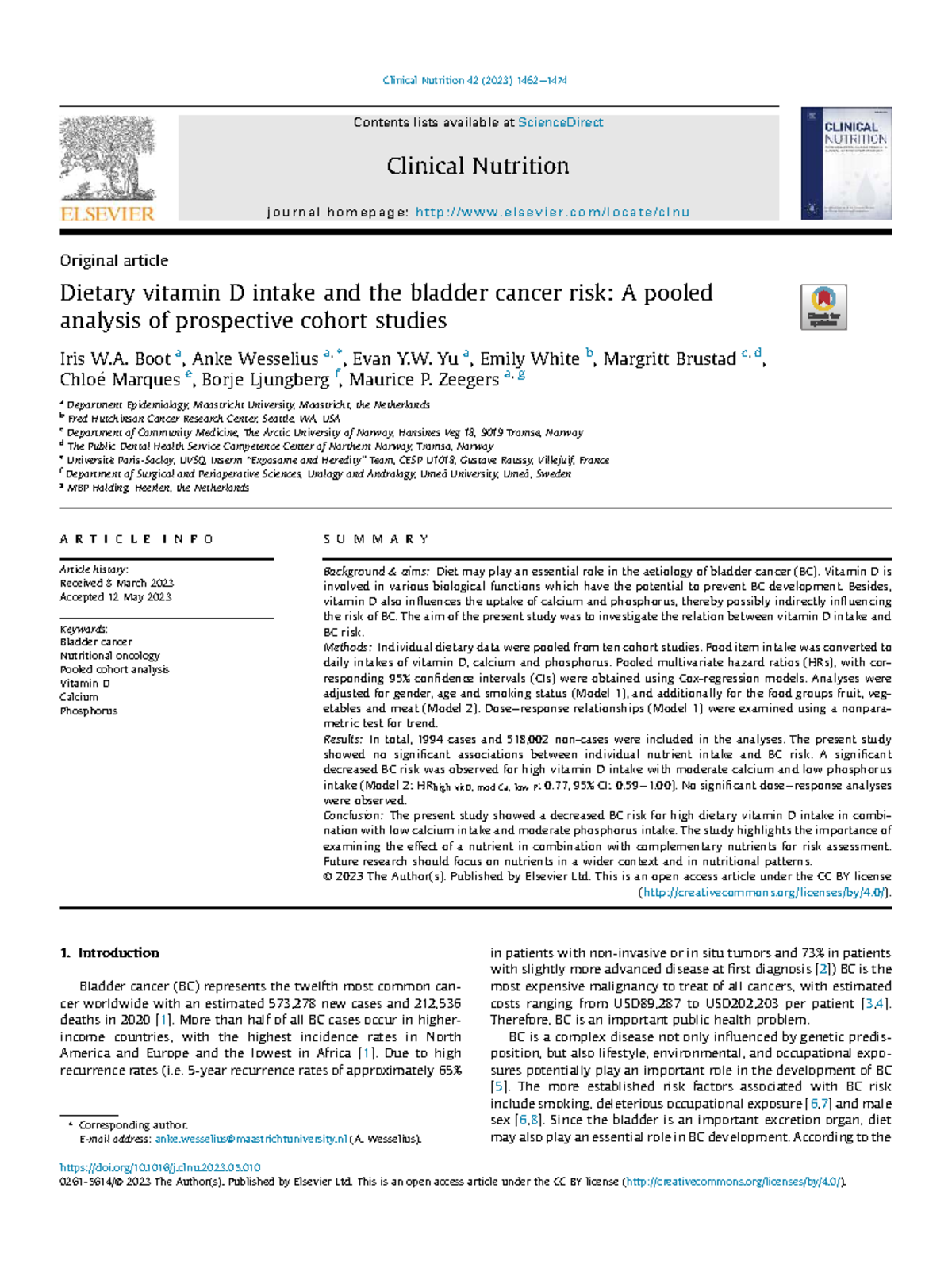 Dietary Vitamin D Intake and Bladder Cancer Risk: A Pooled Analysis ...