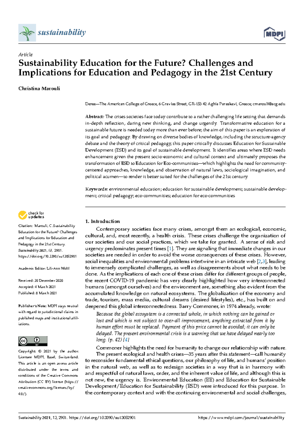 Sustainability 2021: Education for a Sustainable Future - Challenges ...