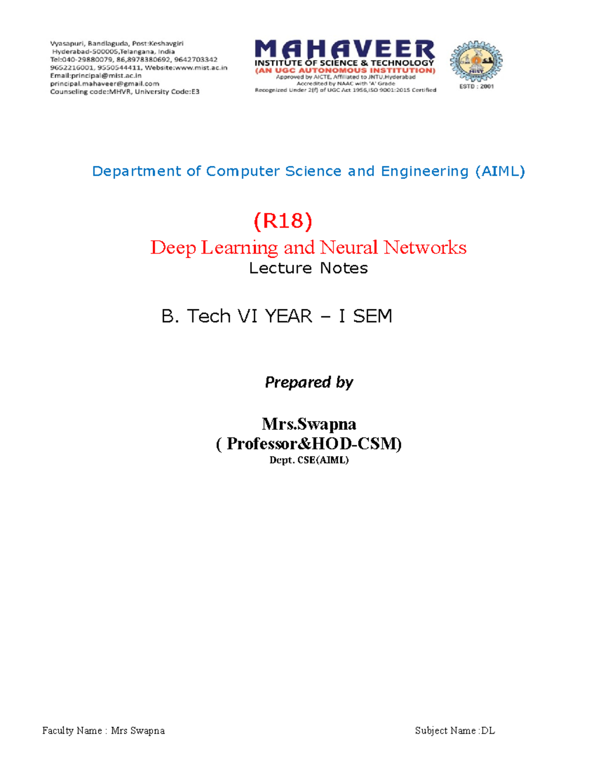 UNIT 1 DEEP Learning AND Neural Network - Department of Computer ...