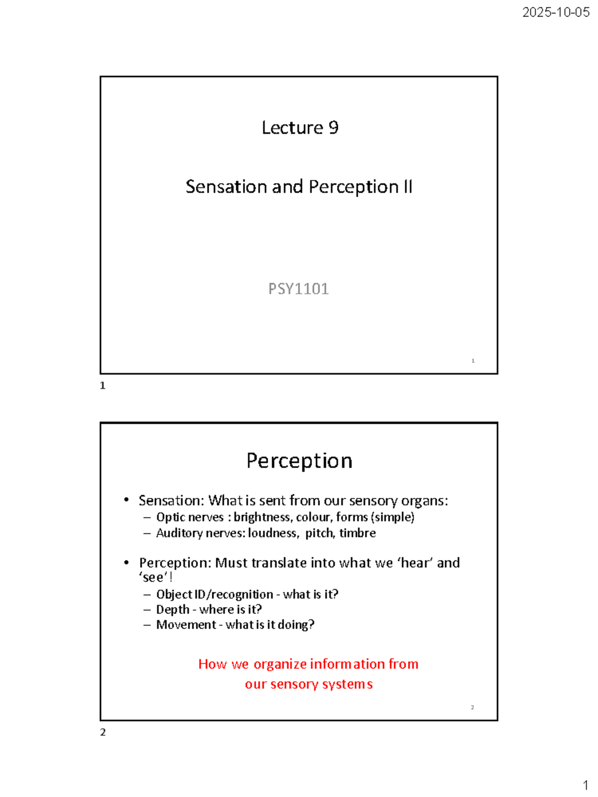 Lecture 9: Sensation and Perception II - PSY1101 Insights - Studocu