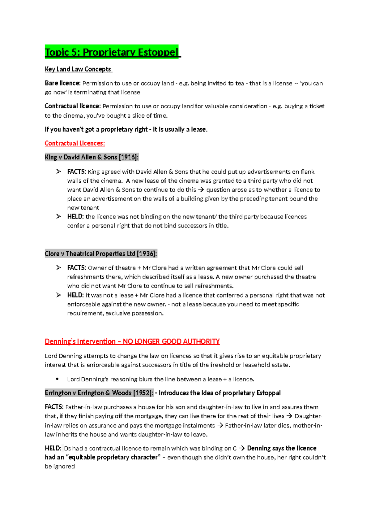 Topic 5: Key Concepts of Proprietary Estoppel in Land Law - Studocu