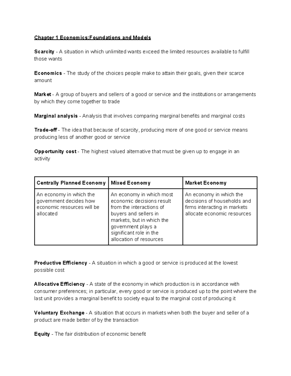 Econ 1100 study notes - Summary of each chapter - Chapter 1 Economics ...