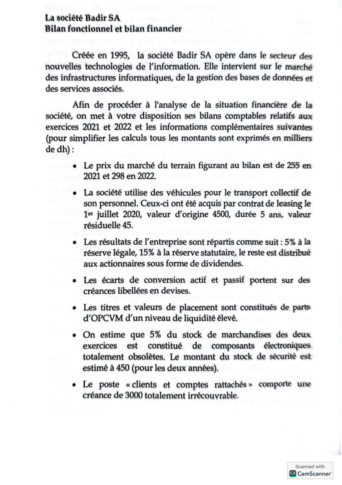 Exercice 3 - bilan fonctionnel et financ - La société Badir SA Bilan ...