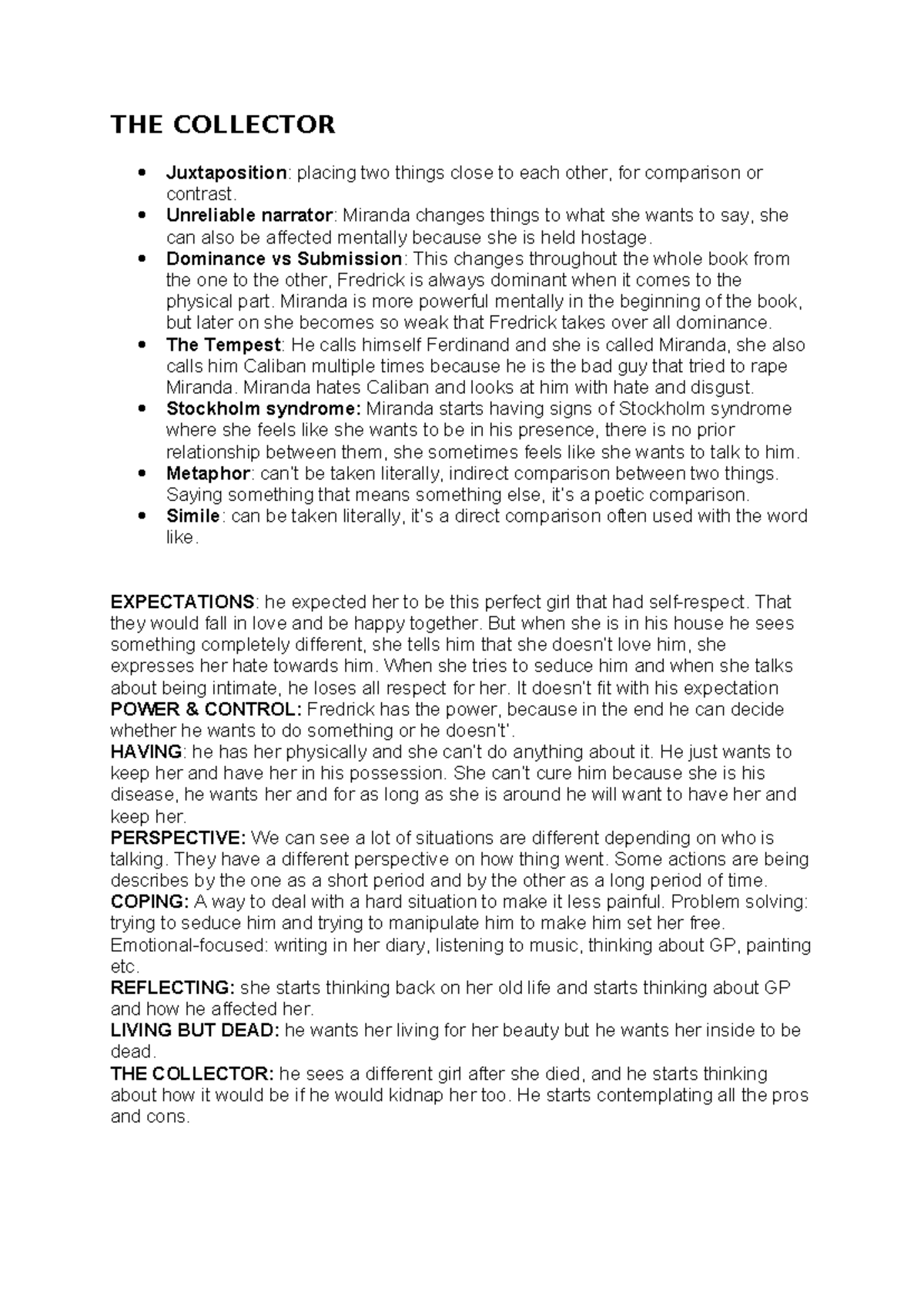 The Collector: Key Themes & Analysis Notes (Lit 201) - Studeersnel