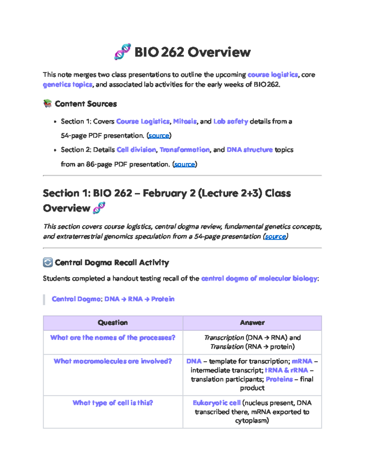 BIO 262 Lecture Notes: Course Logistics & Core Genetics Topics - Studocu