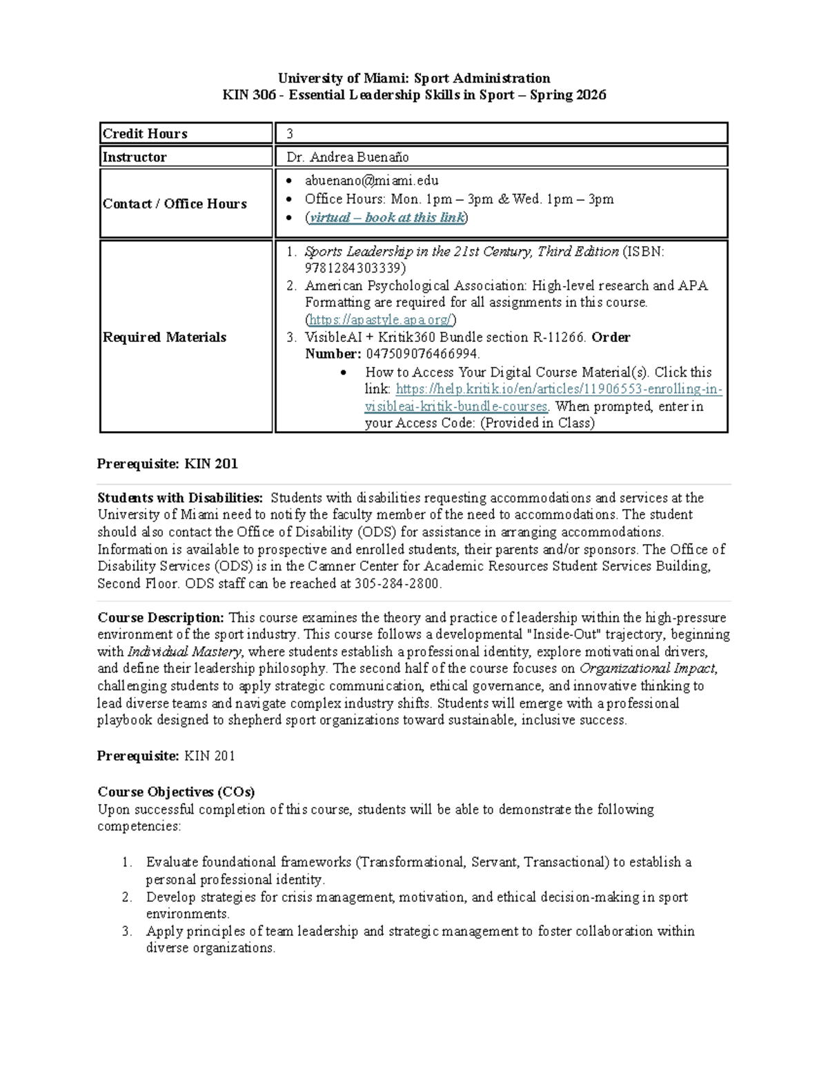 KIN 306: Essential Leadership Skills in Sport - Spring 2026 Syllabus ...