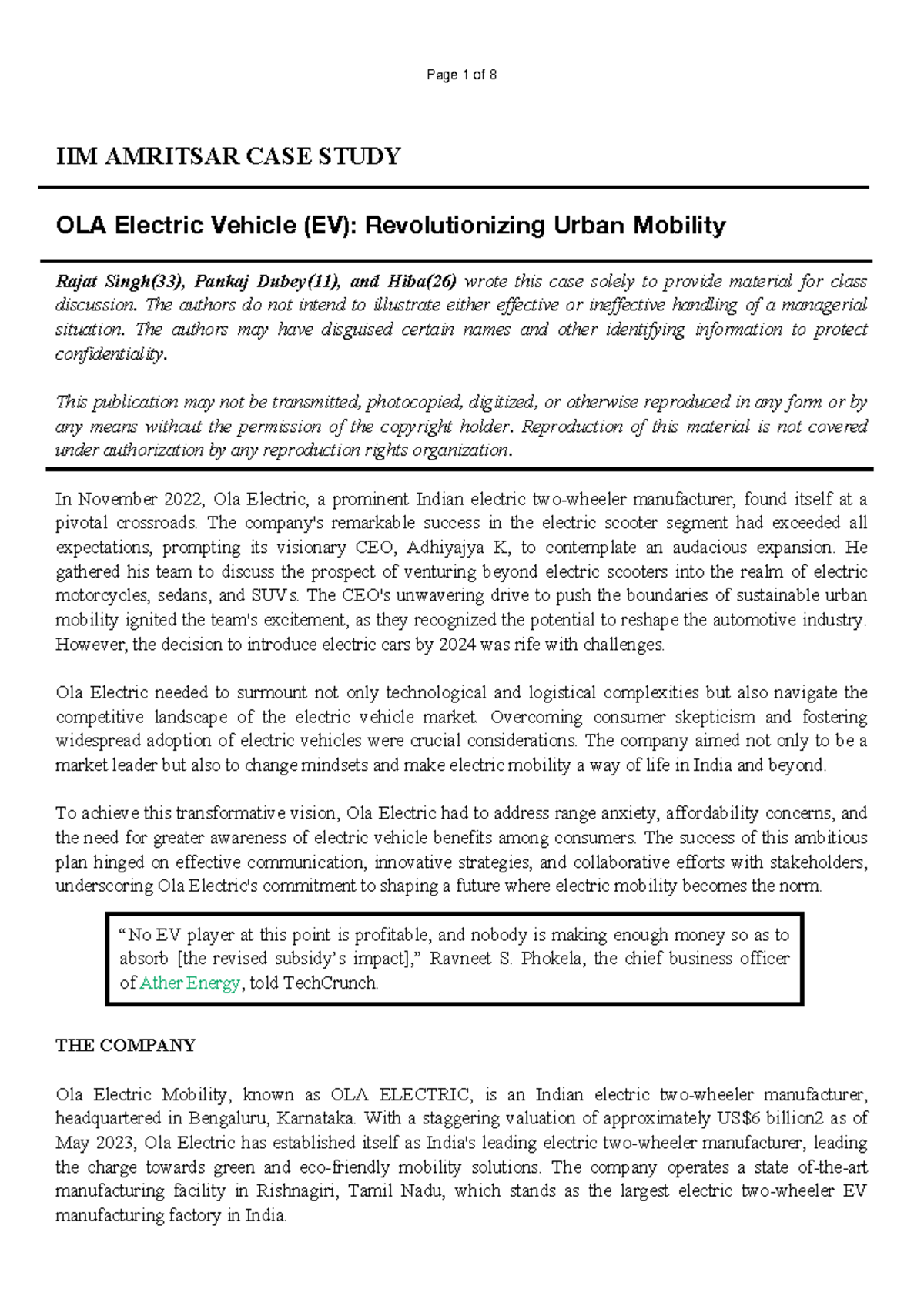 IIM AMRITSAR Case Study: OLA EV's Journey in Urban Mobility - Studocu